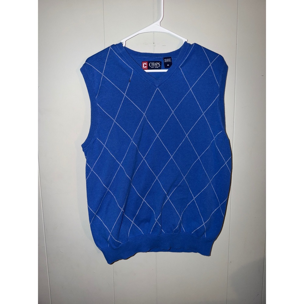 Chaps Mens Argyle Sweater Vest Blue White V-Neck Cotton Knit Size M